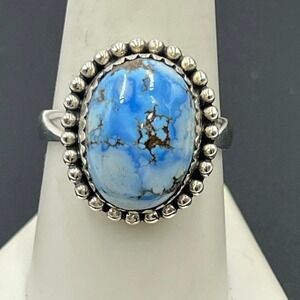 Golden Hills Turquoise Oval Cabochon Navajo Sterling Silver Beaded Ring Sz 9‎